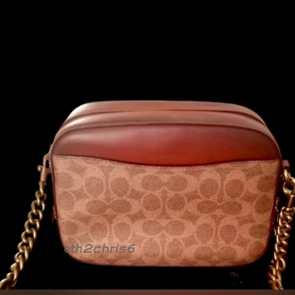 COACH Logo Print & Leather Camera Bag in Brown/Rust Burnished leather. - Picture 5 of 16